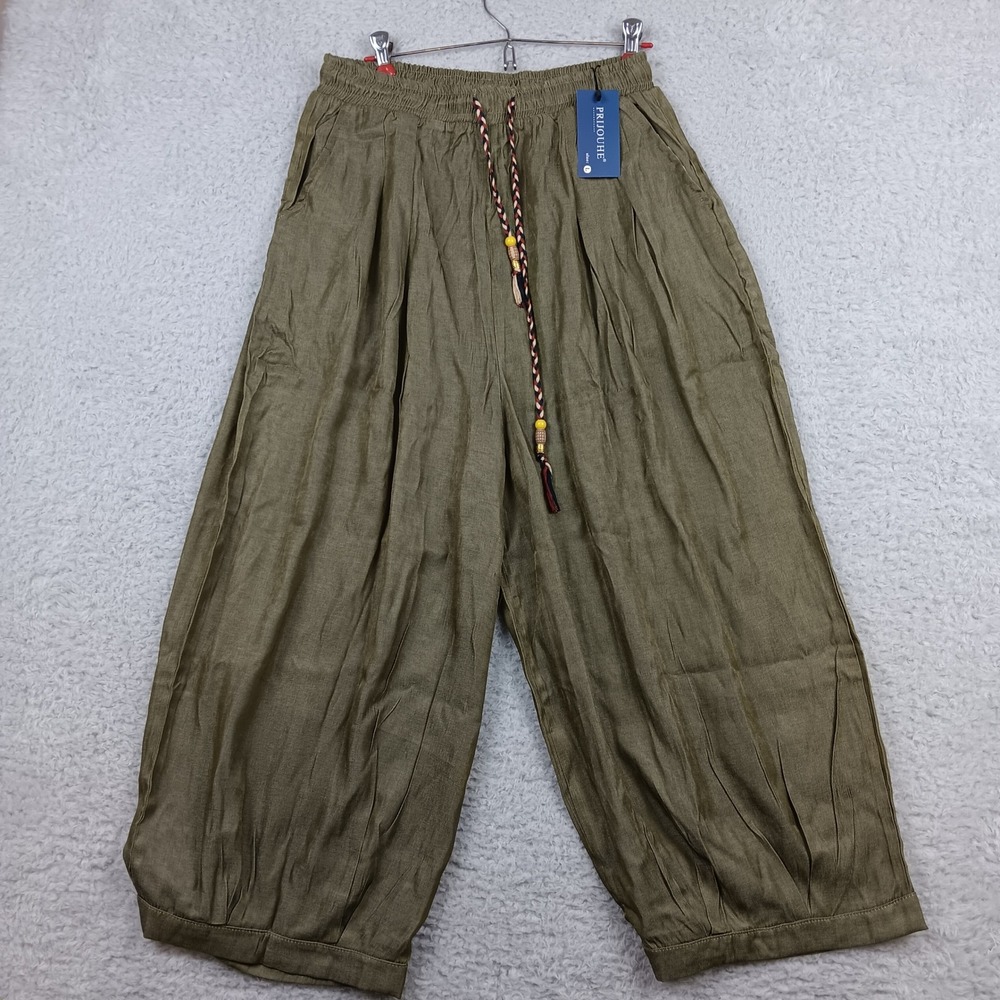 Prijouhe Harem Pant Women L Olive Green Elastic Waist Beaded Drawstring Cropped